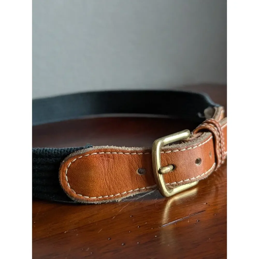VTG Dooney & Bourke Navy Blue Brown Leather Surcingle Web Belt Womens 30 Preppy
